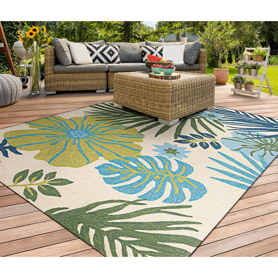 Stowthewold Floral Ivory Fern Green Handmade Indoor Outdoor Area Rug Beachcrest Home™ Rug