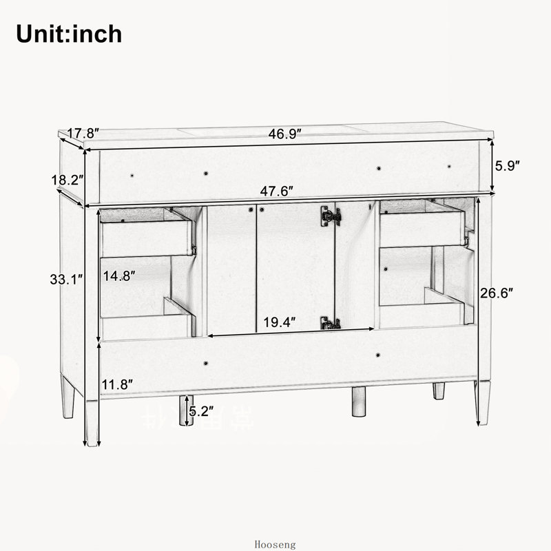 Base de meuble-lavabo autoportant 48 po seulement, base en bois aggloméré avec 6 tiroirs et 2 portes, charnières à fermeture en douceur, poignées en métal argenté, noir