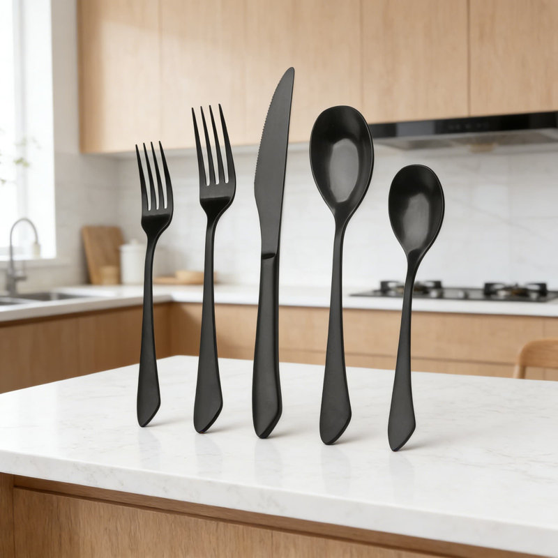 Ensemble de couverts 20 pièces noir mat, service de couverts en acier inoxydable pour 4 personnes avec finition satinée, ensemble de couverts allant au lave-vaisselle pour la maison et le restaurant