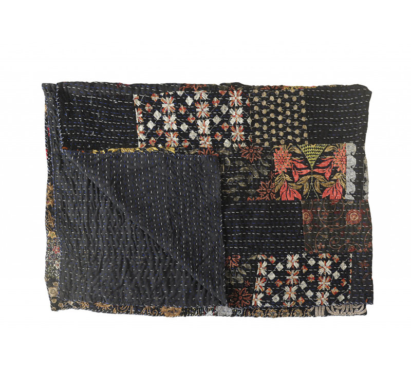 Knitted Cotton Patchwork Throw Blanket, Black Patchwork