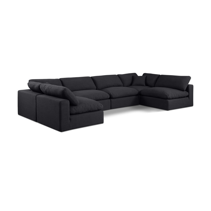 Canapé modulaire 6 pièces rembourré, Tissu texturé en lin noir