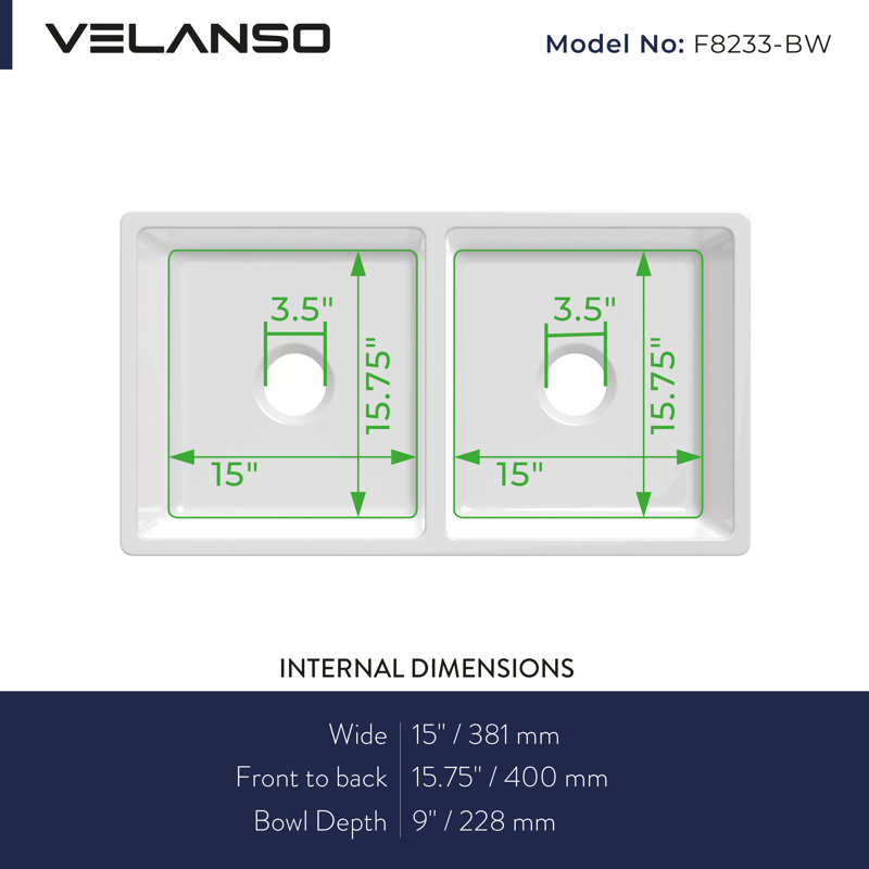 Évier de cuisine à double cuve 33 po x 18 po x 10 po VELANSO Velaro Farmhouse, Blanc