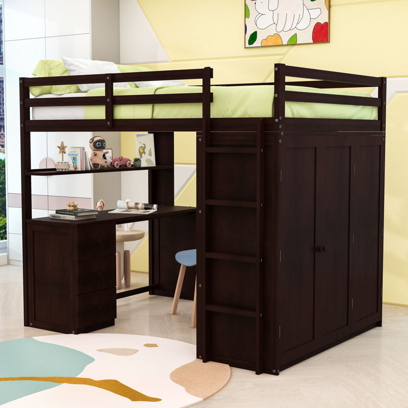 Lit mezzanine avec bureau, tiroirs et garde-robe, Double, Espresso