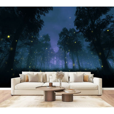 Papier peint adhésif à peler et coller, lucioles, forêt du soir, H 69 po x l 96 po, papier peint amovible en PVC, peinture murale auto-adhésive, décoration pour le salon de la chambre à coucher