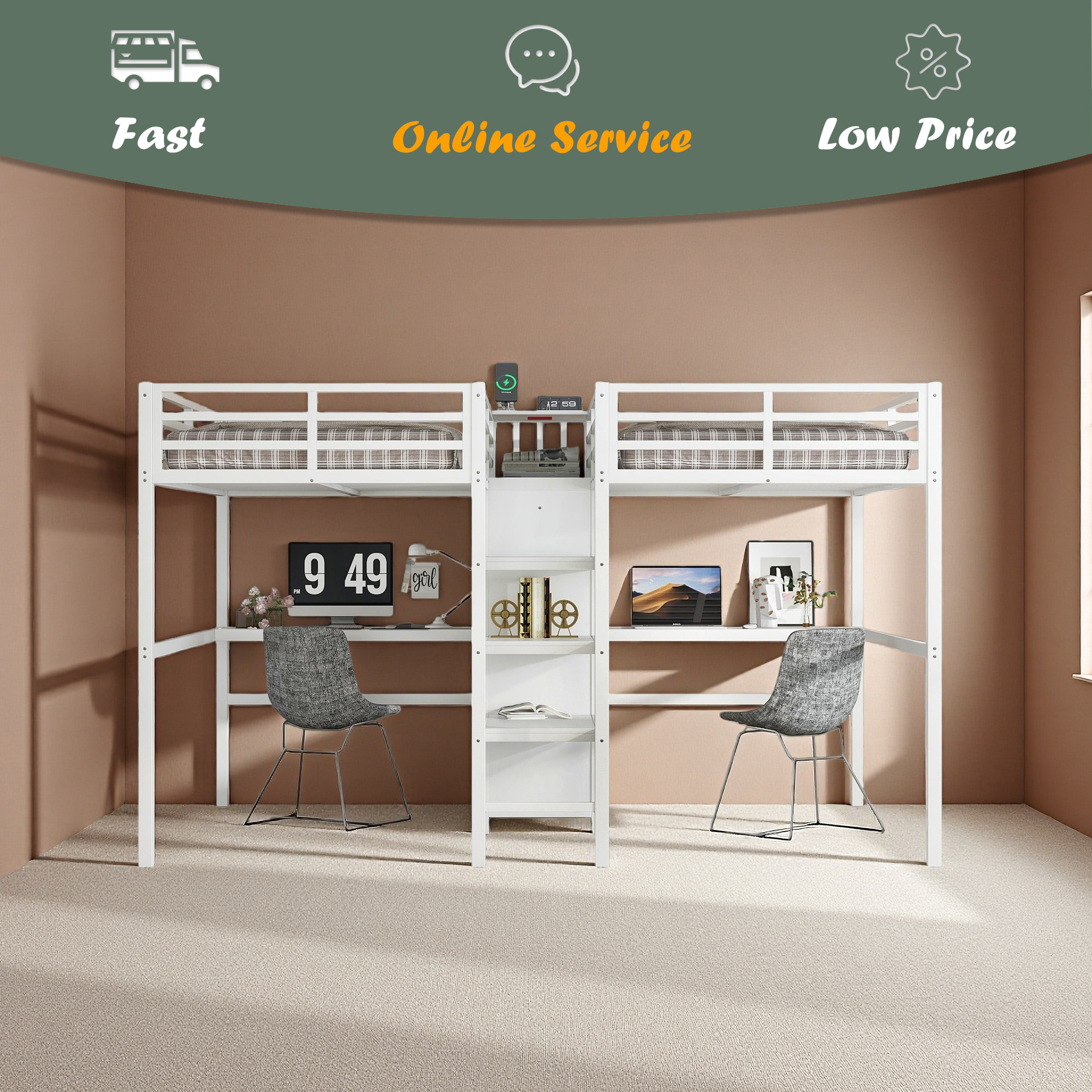 Harriet Bee Twin Over Twin Metal Loft Bed With Double Desk And Wardrobe ...