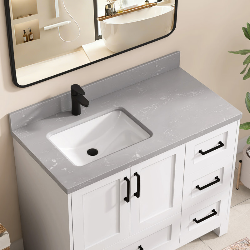 42 po. Plateau de meuble-lavabo rectangulaire à double cuve rectangulaire en marbre gris cultivé avec comptoir à dosseret gris