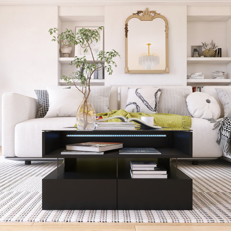 Table basse relevable avec 2 tiroirs, table basse carrée moderne avec plateau en verre, Noir