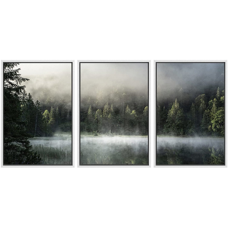 «Nature Landscape Forest Lake Covered in Fog Natural Landscape», reproduction de photo sur toile flottante 3 pièces, Blanc