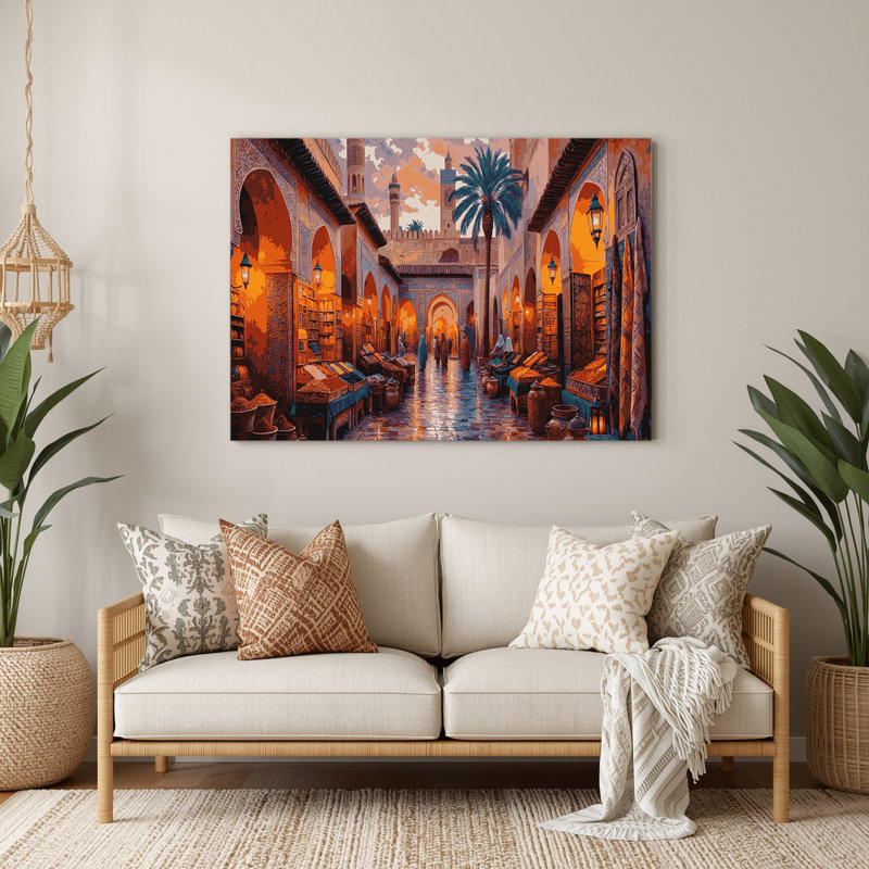 Art mural en métal brun avec villes marocaines, H 96 po x l 120 po x P 0,05 po