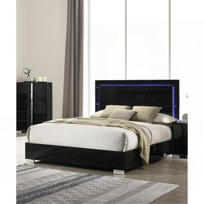 Contemporary Piano Black 1Pc Queen Size Bed W LED Headboard UV Finish Bedframe Bedroom Furniture