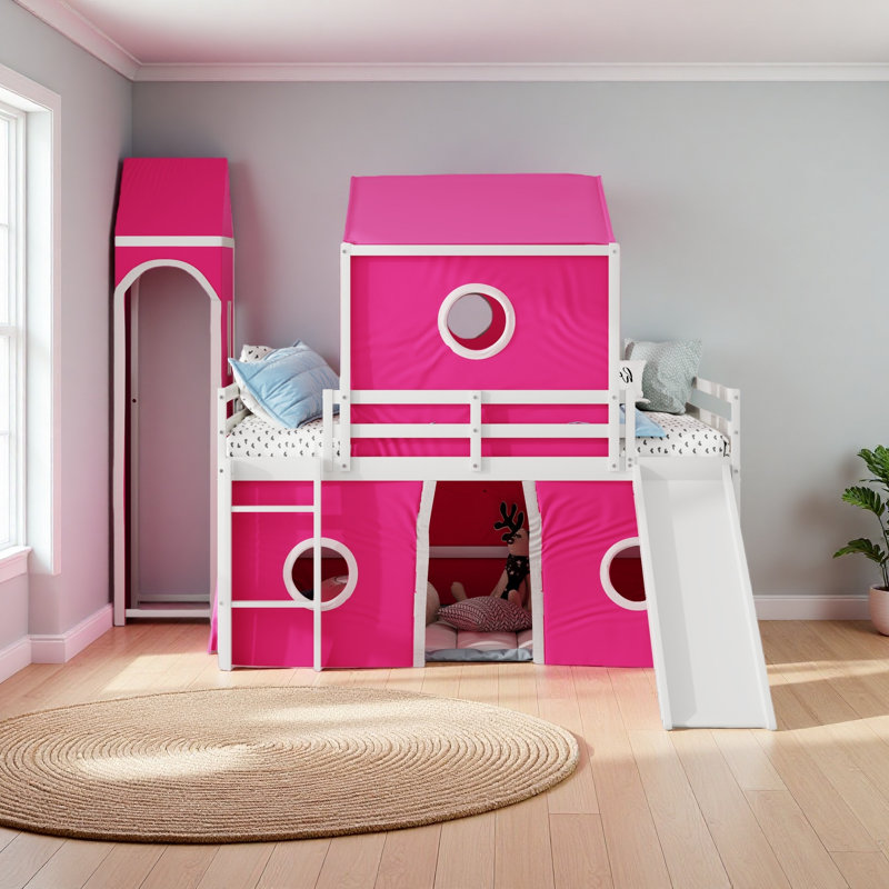 Full Size Loft Bed With Slide Tent And Tower, Full, Pink