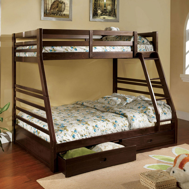 Lit superposé moderne au-dessus d'un lit simple transitionnel avec échelle attachée et deux grands tiroirs de rangement en bois massif noyer foncé