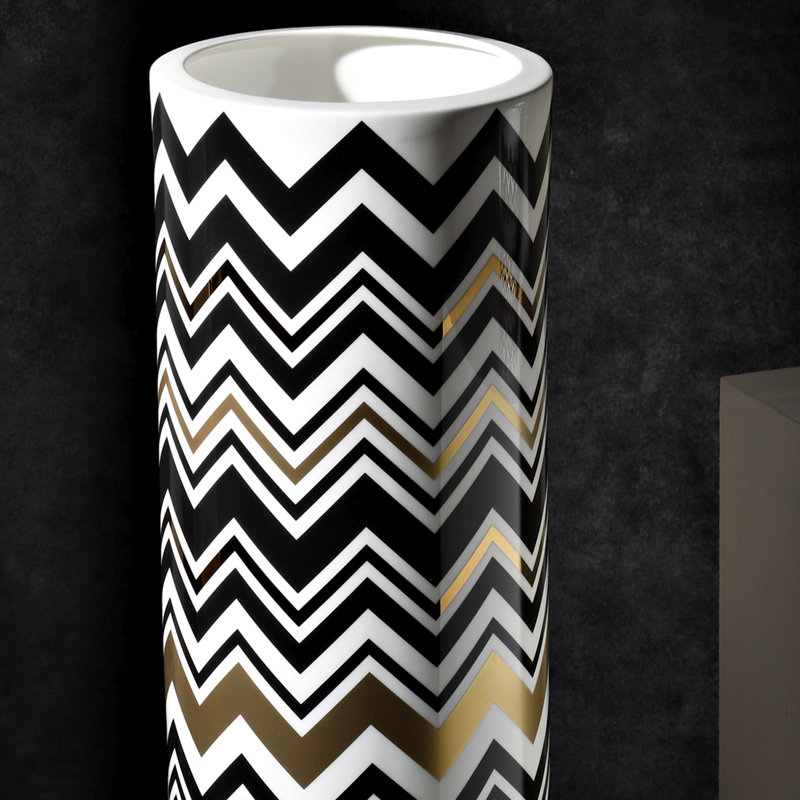 High Vase ZIG ZAG Diam. 6.3", H 14", Black/White/Gold
