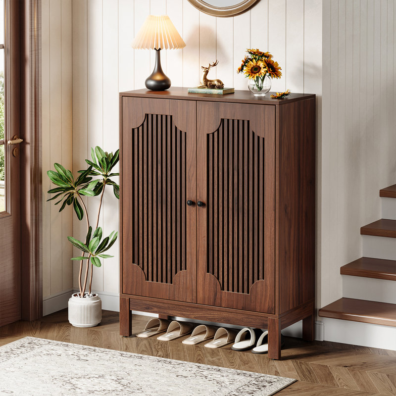 Armoire de rangement à chaussures à 5 niveaux avec portes et tablettes réglables pour le vestibule, Noyer