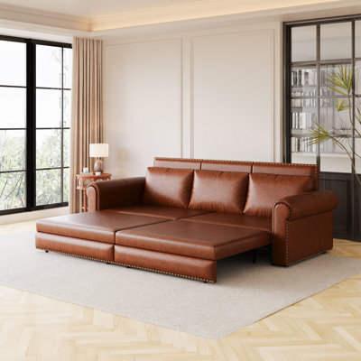 Light Brown 93.7" King Sleeper Sofa, 3-in-1 Faux Leather Convertible Bed with Nailhead Trim for Living Room