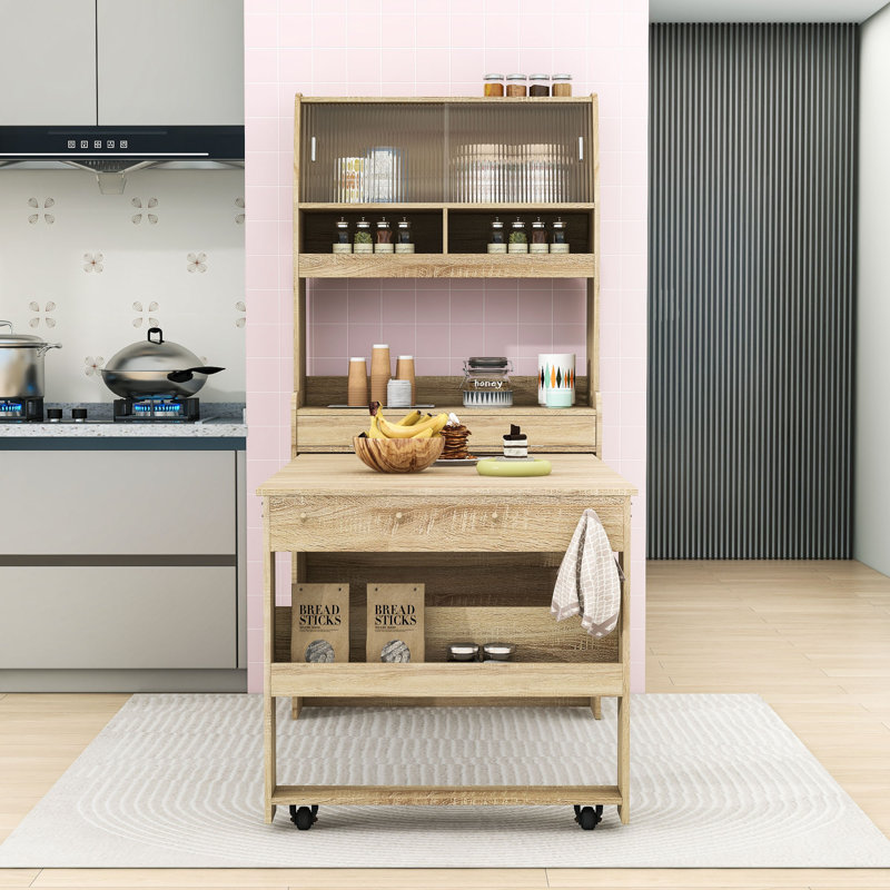 Buffet multifonctionnel avec table de salle à manger pliable, armoire de rangement, tablettes et crochets latéraux