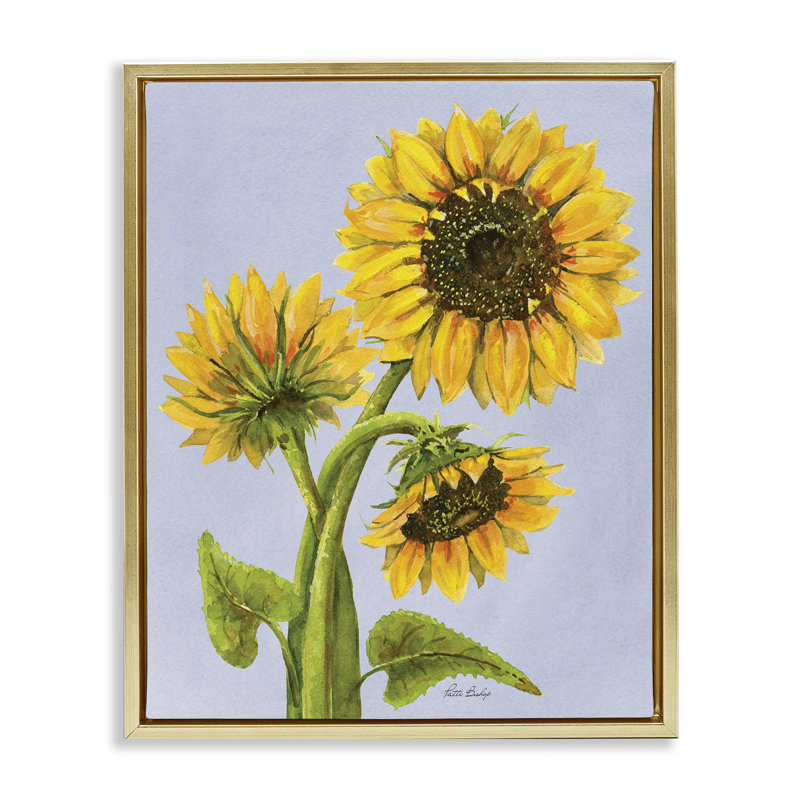 Trio de tournesols contre cadre flottant, design par Patti Bishop, H 21 po x l 17 po, Cadre flottant métallique doré
