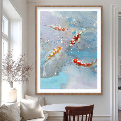 Koi poisson nageant dans l'eau bleue - impression encadrée asiatique
