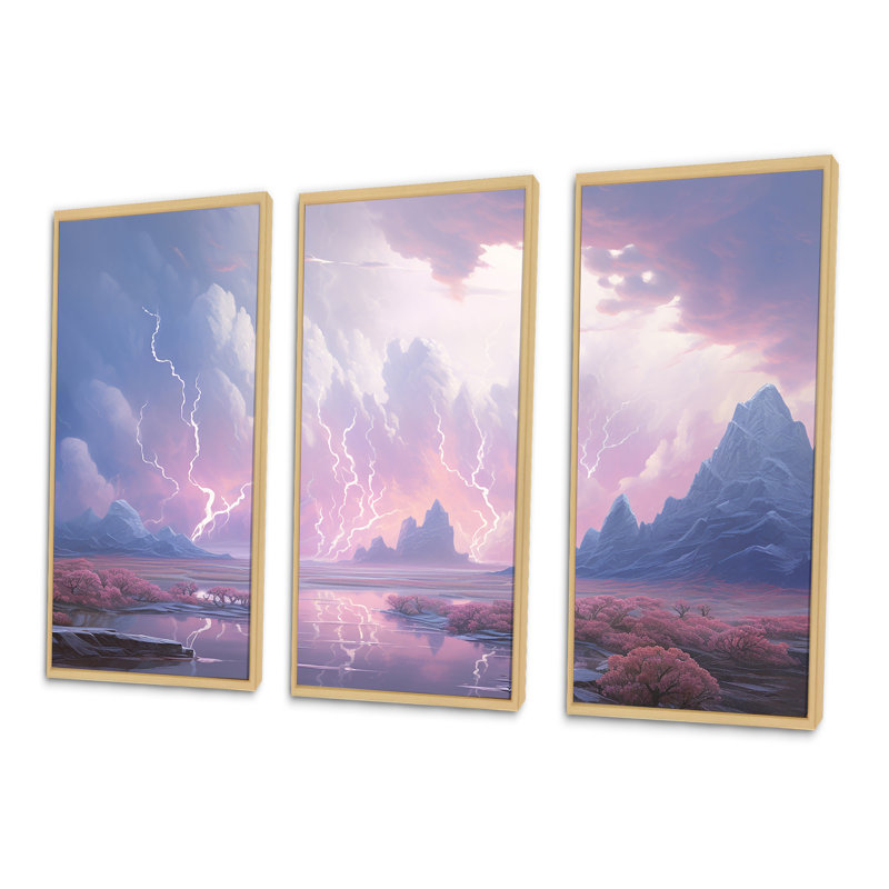 «Kawaii Lightning Landscape I - Lightning», ensemble d'art mural, Cadre naturel flottant, H 32 po x l 48 po x P 1 po