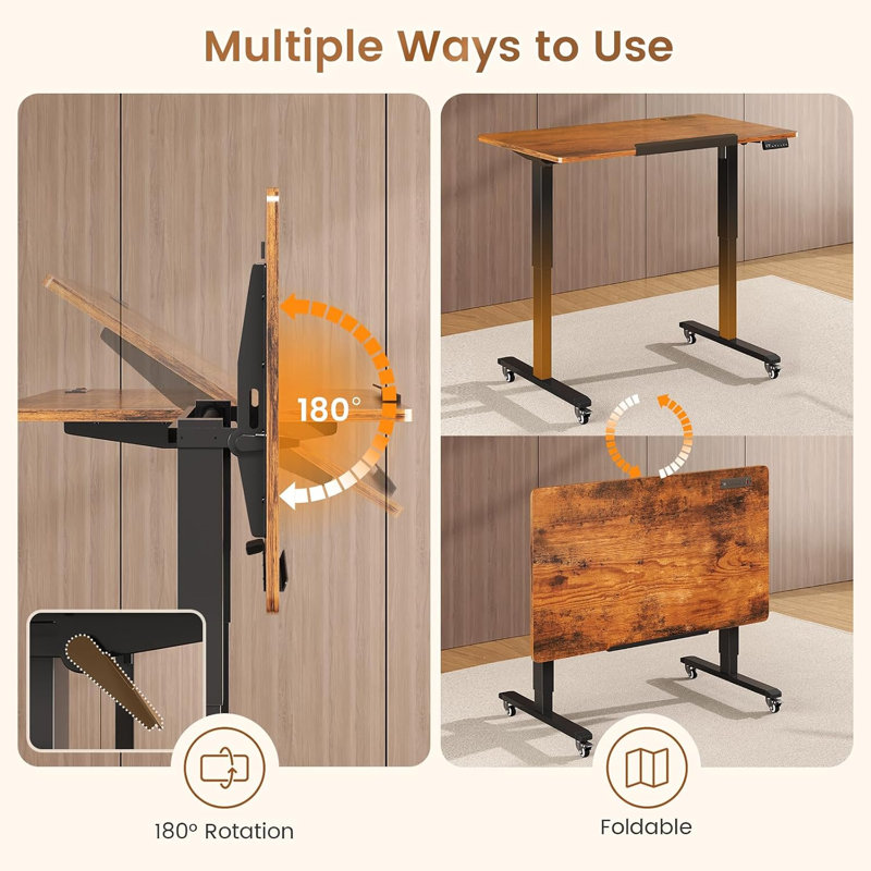 Bureau debout électrique, bureau d'ordinateur inclinable et mobile à 180 ° réglable en hauteur avec roulettes pour le dessin / l'écriture / les jeux / le bureau / le bureau personnel / petit espace, brun rustique