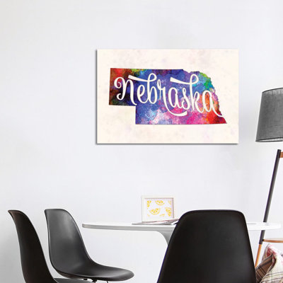 «Nebraska US State in Watercolor Text Cut out» par Paul Rommer, reproduction d'art sur toile tendue