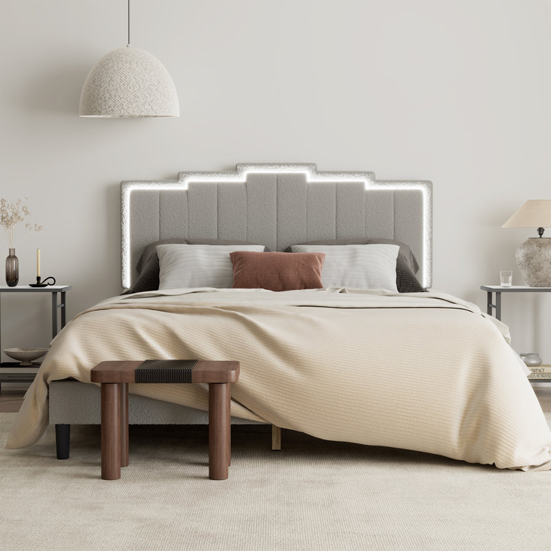 Solid Wood Queen Size Boucle Platform Bed with Geometric Headboard in Dove Gray with DIY Multicolor RGB Lights, Dove Gray