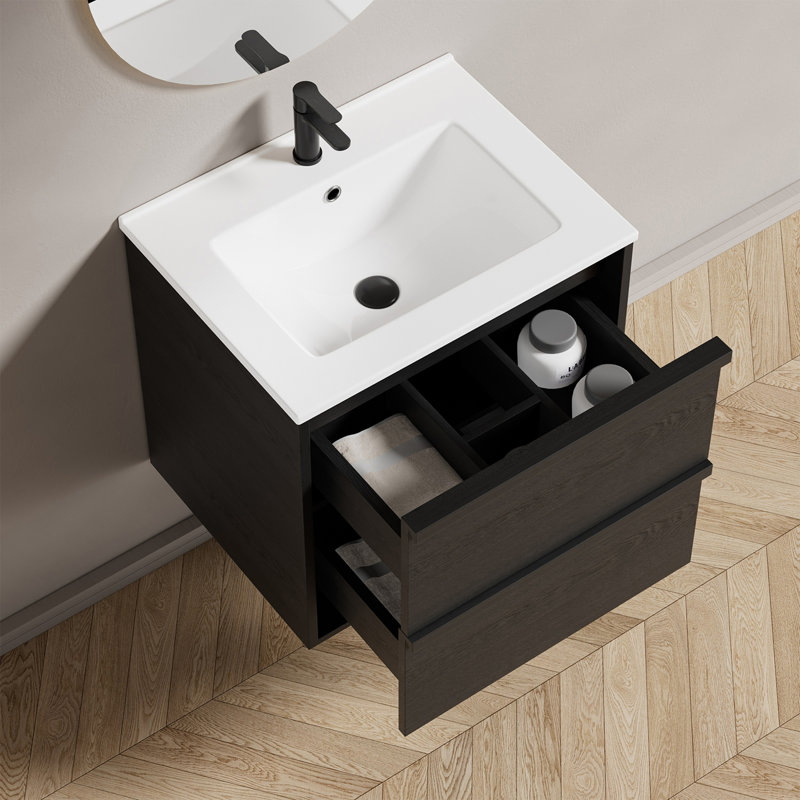 Meuble-lavabo de salle de bain avec lavabo en céramique - Meuble-lavabo flottant mural avec tiroirs, noir, 32"