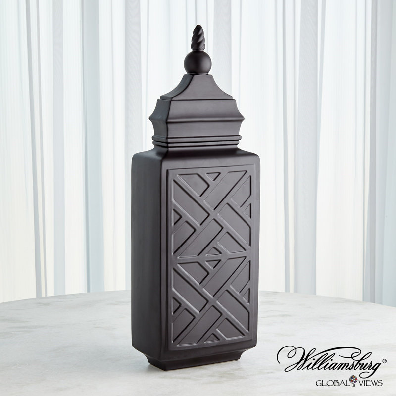 Chinoiserie Handmade Ceramic Jar, Matte Black, 30" H x 10.5" W x 6" D