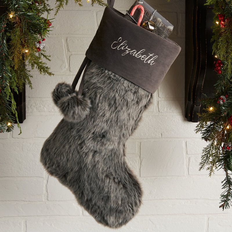 Embroidered Grey Faux Fur Christmas Stocking, Yes