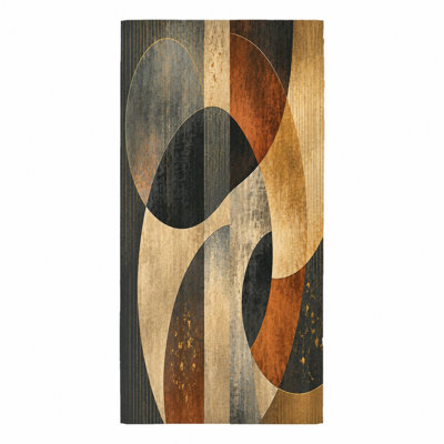 Serviette de plage géométrique abstraite de 1 pièce, présentant un design d'art moderne avec des cercles et des rayures imbriqués dans des tons terreux de noir, de brun et d'or. Grande microfibre, parfaite pour les voyages, la natation, les voyages, unisexe.