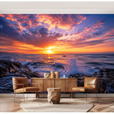 Papier peint adhésif autocollant amovible Sunset Sea Sunset pour salon, chambre à coucher H 69 po x l 96 po