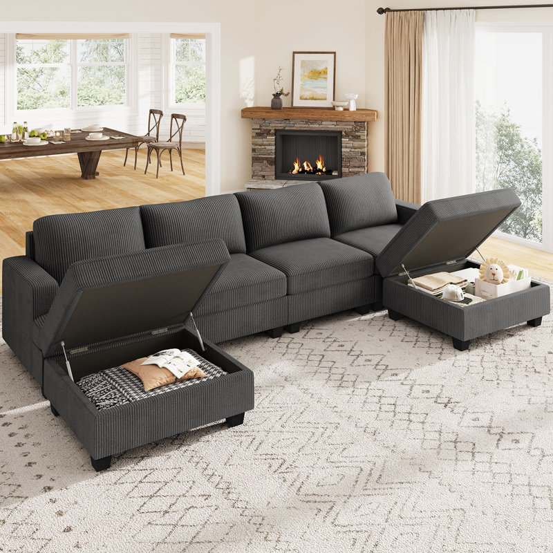 Canapé modulaire en U avec rangement Anureet, Velours côtelé gris, H 35 po x l 120,6 po x P 60,7 po, Non