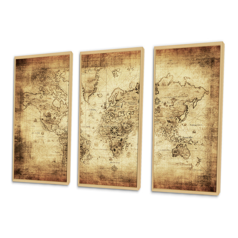 Ancienne carte du monde IV - 3 pièces, reproduction sur toile, H 28 po x l 36 po, Érable