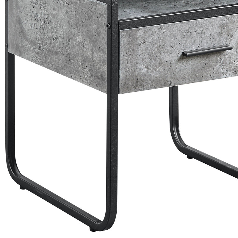Raziela Concrete Gray & Black Finish End Table With Drawer