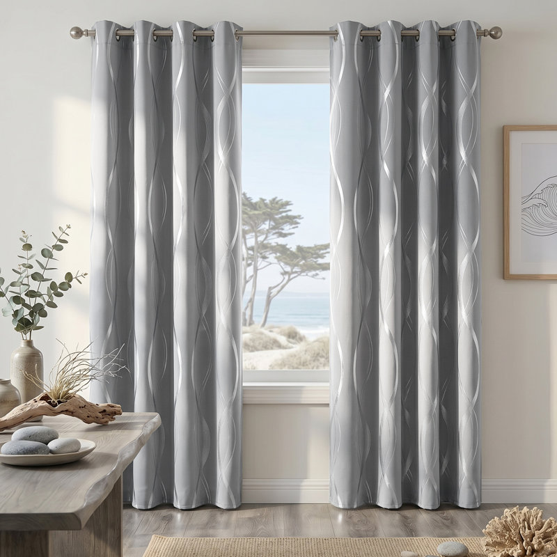 Blackout Curtains 84 inch Length 2 Panels, Silver Grey Window Treatment Thermal Insulated Soundproof Grommet Wave Line Foil Print Design Draperies for Living Room (52 inches Wide)