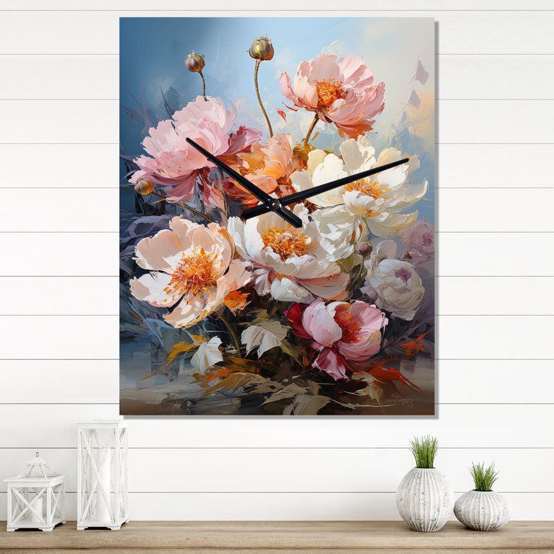 Horloge murale surdimensionnée avec pivoines roses II, Petit