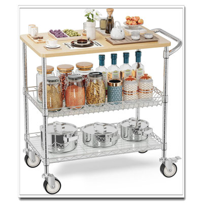 Chariot de cuisine 3 roulettes chromé, chariot utilitaire en métal NSF avec poignée de table en bois et doublure de tablette