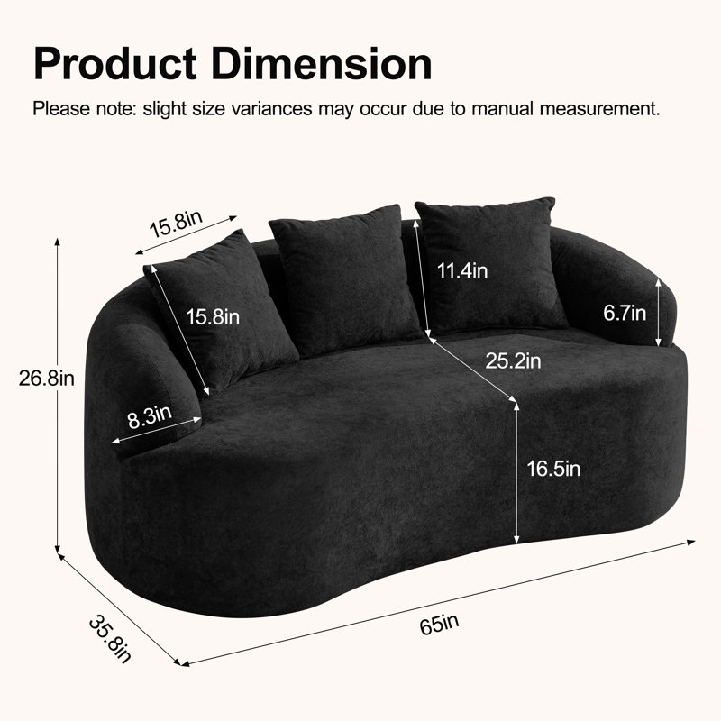 65" Boneless Curved Loveseat Sofa, Modern 2-Seater Cloud Couch with 3 Throw Pillows, Deep Seat Chenille Fabric, No Assembly Required