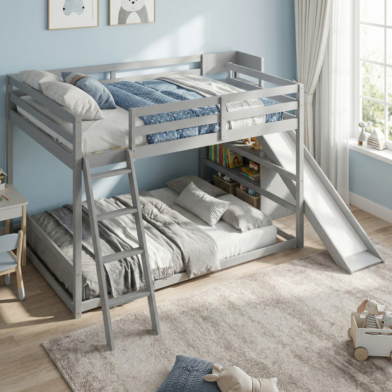 Lit superposé double au-dessus de double en bois massif avec échelle, glissade et tablettes pour la chambre à coucher, Gris