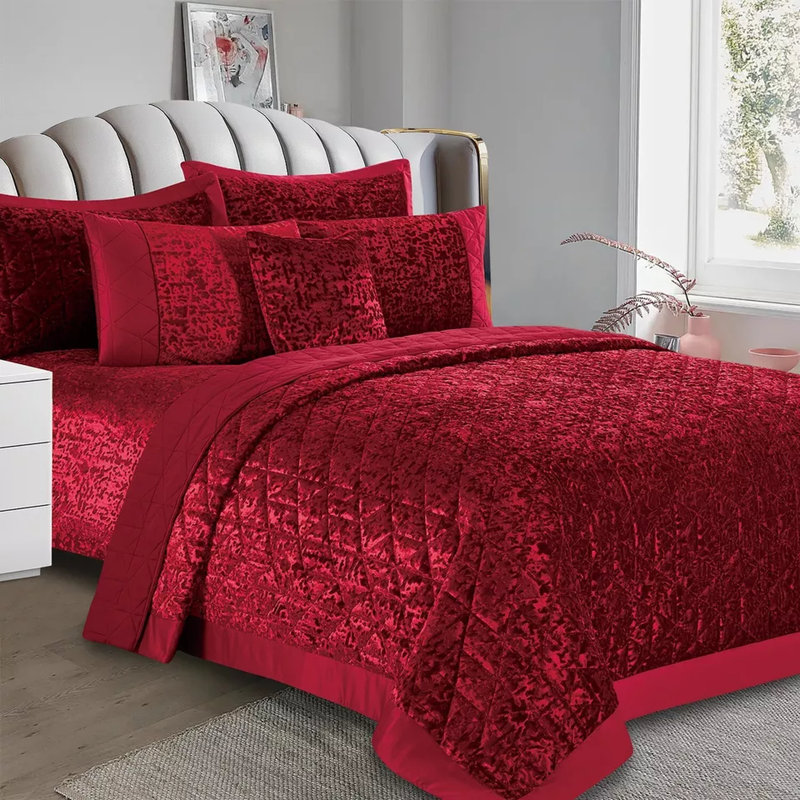 Velvet Plush Crushed Velvet Quilted Coverlet Set – Soft Microfiber Backing, Red, King Bedspread + Pillowshams