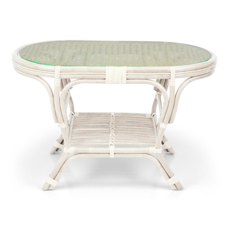 Floral Upholstered White Wash Rattan Lounge Set with Glass Coffee Table