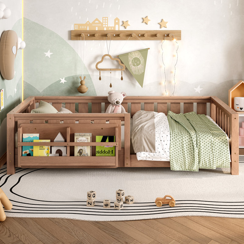 Twin bed with built-in bookshelf and high-quality safety guardrail,Natural, Natural, Twin