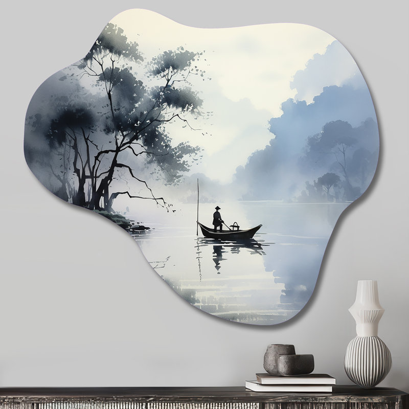 Art asiatique, lac encre II - Art asiatique asymétrique, art mural, sculpture murale en métal, H 25 po x l 28 po x P 1 po