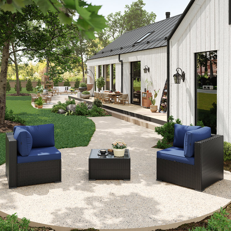 3 -Person Rattan Patio Safo With Cushions, Blue, Black