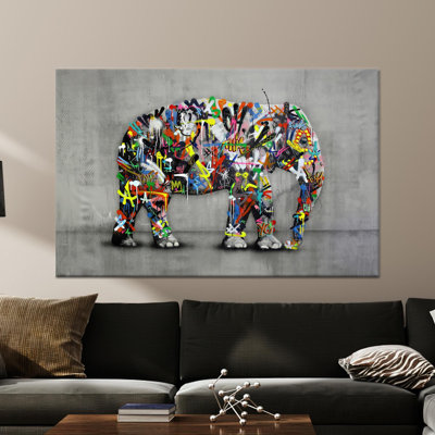 Printed Canvas: Banksy Elephant Glass Wall Art - Graffiti Decor,1P Wrapped Canvas
