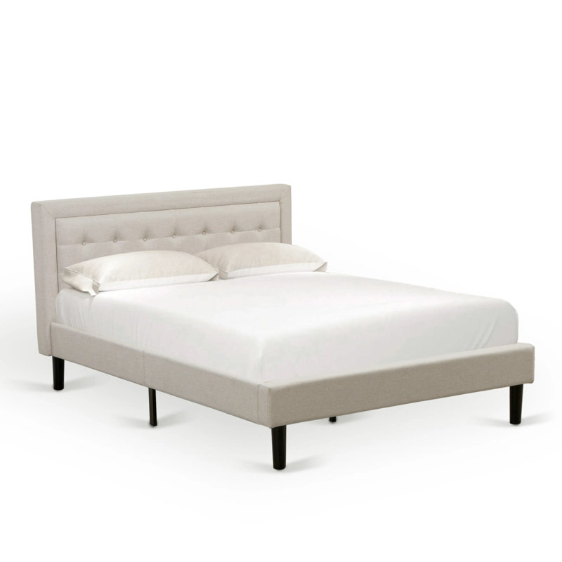3-Piece Platform Queen Bedroom Set with 1 Upholstered Bed and 2 Small Nightstands - Mist Beige Linen Fabric, Mist Beige/White