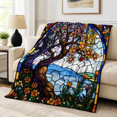 Plaid Arbre de Vie en Vitrail, motif floral artistique, ultra doux, léger, respirant, toutes saisons, agréable pour la peau, lavable en machine, décoratif, pour canapé, fauteuil, salon et chambre