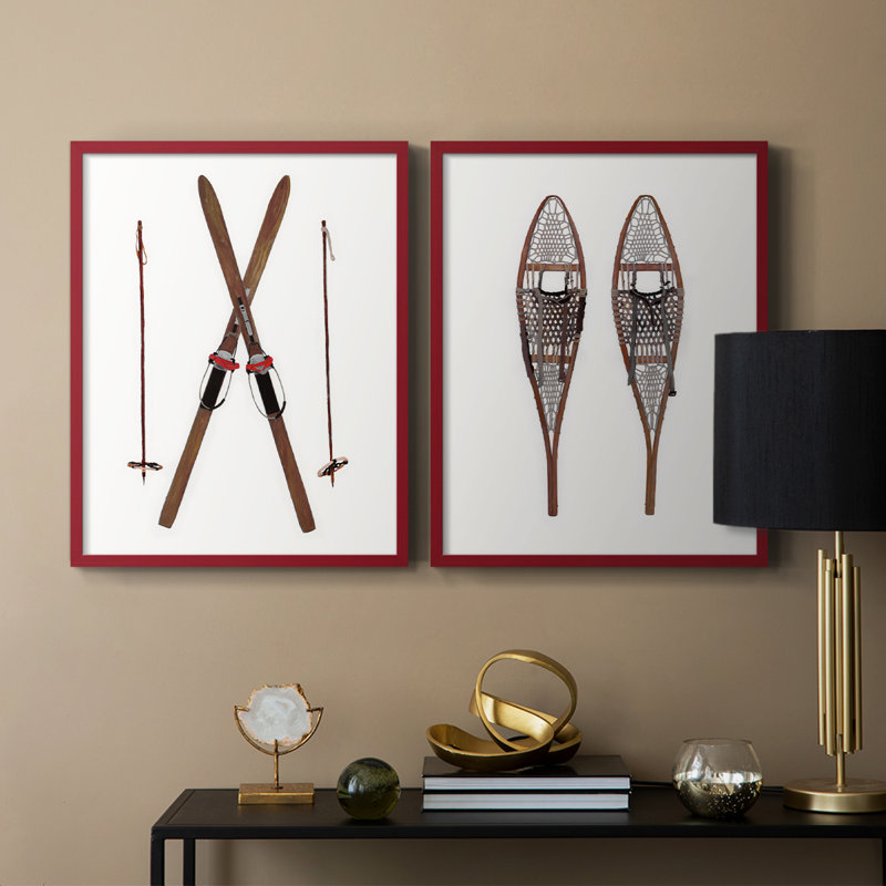 Skis rétro - reproduction encadrée de qualité supérieure - prêt à être accroché - aucun clou requis - aucun clou requis