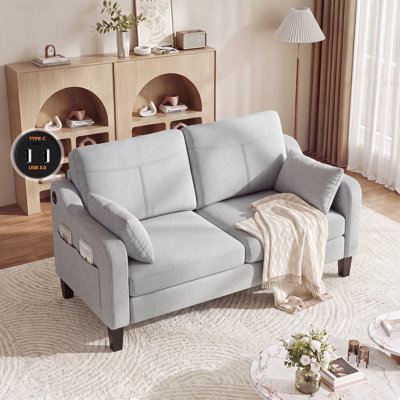 Causeuse 51 po en lin à 2 places avec coussins en mousse à mémoire de forme - ports de charge USB / Type-C, poche de rangement latérale, coussins amovibles pour accoudoirs, parfaits pour les salons, les chambres à coucher et les bureaux à domicile