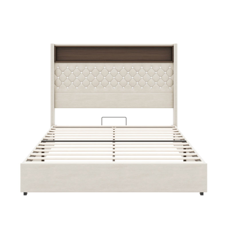 Structure de lit grand format en velours doux capitonné, équipé d'une clé USB et d'une veilleuse, lit plateforme à oreilles avec tablette de tête de lit intégrée